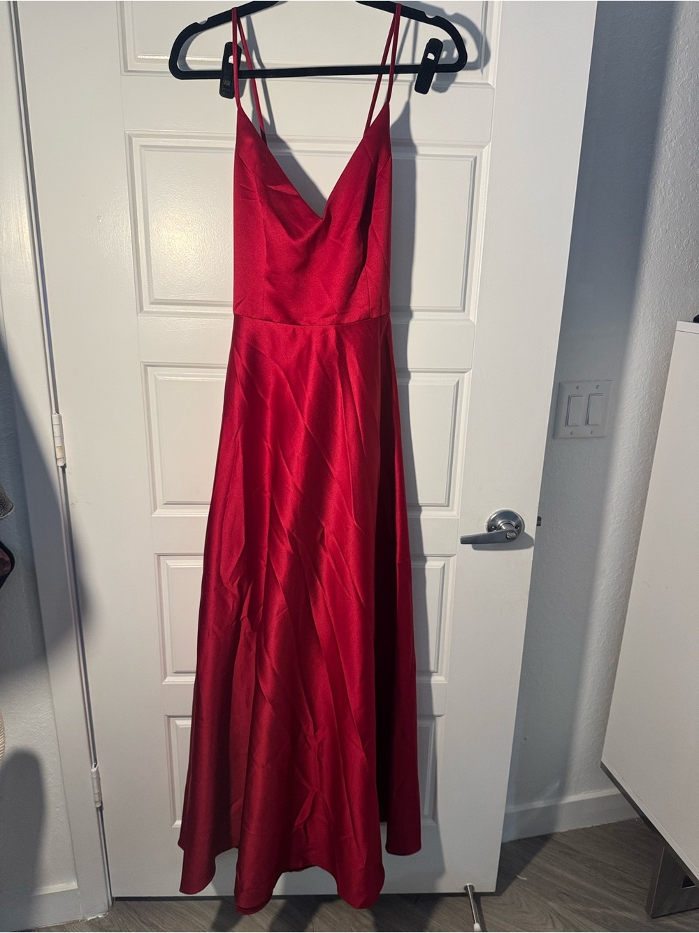 David's Bridal Red Satin V-Neck Spaghetti-Strap Maxi Dress